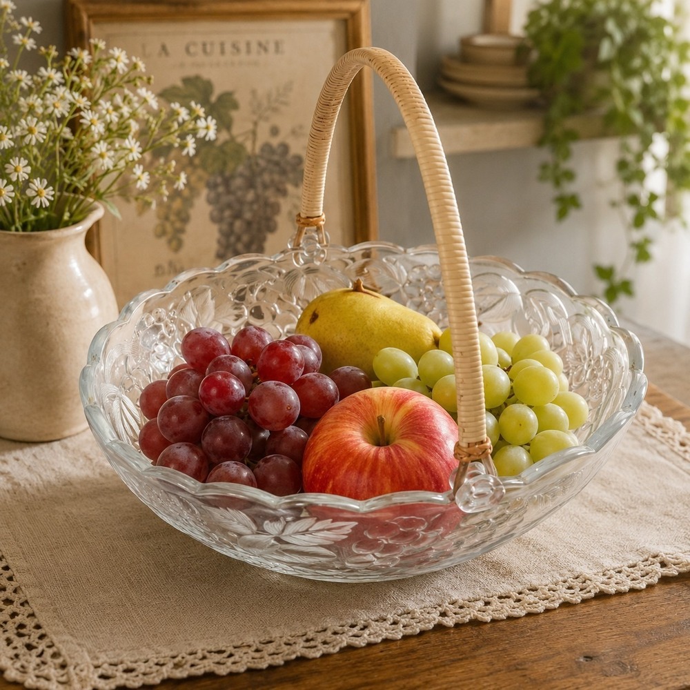 VTG Libbey Orchard Glass‎ Fruit Bowl Handled Basket Made in USA 10x4x4